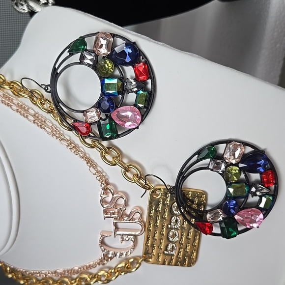 Colorful Fuax Gemstone Black Tone  Big  Earrings - Picture 15 of 17